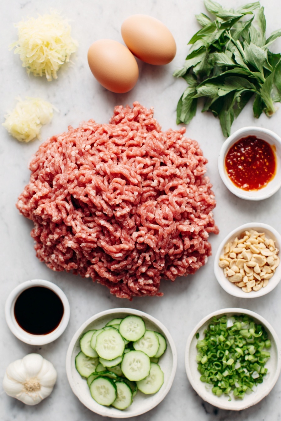 Thai Basil Beef Wraps, Thai Basil Beef Wraps recipe, flavorful Thai beef wraps, quick Thai beef wraps, Asian beef wraps - Flat lay of fresh ground beef in a simple white ceramic bowl, whole uncracked brown eggs beside it, four cloves of peeled garlic, a small mound of freshly grated ginger root, a small white bowl of dark tamari sauce, a small white bowl of bright red Thai chili sauce, two chopped green onions with white and green parts visible, four Persian cucumbers chopped into rounds, a bunch of vibrant green cilantro leaves, a small bunch of deep green Thai basil leaves, a small white bowl filled with chopped roasted peanuts, a stack of warm flour tortillas neatly arranged, a small white bowl of chili paste, and a small white bowl of toasted sesame oil all evenly spaced with perfect symmetry placed on a clean white marble surface, soft natural light, photo taken with an iPhone, professional food photography style, fresh ingredients, white ceramic bowls, no bottles, no duplicates, no utensils, no packaging --ar 2:3 --v 7 --p m7354615311229779997