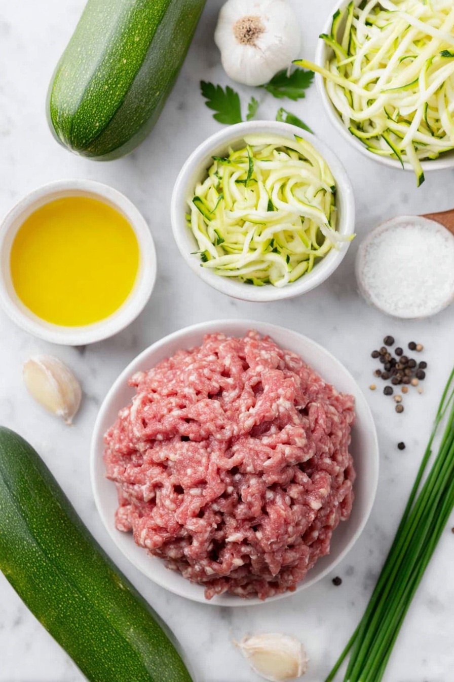 Chicken Zucchini Poppers with Cilantro Sauce, healthy chicken appetizers, zucchini snack recipes, easy summer appetizers, flavorful chicken bites - Flat lay of a mound of fresh ground chicken, two medium zucchini squash—one whole and one shredded, two whole uncracked garlic cloves, a small bunch of fresh chives with bright green stems, a small pile of kosher salt crystals, a few whole black peppercorns, a small white ceramic bowl with golden cooking oil, a bunch of fresh cilantro leaves, a small white ceramic bowl containing smooth mayonnaise, a small white ceramic bowl with creamy cottage cheese, and a small white ceramic bowl holding clear distilled white vinegar, all ingredients arranged with perfect symmetry on a clean white marble surface, soft natural light, photo taken with an iPhone, professional food photography style, fresh ingredients, white ceramic bowls, no bottles, no duplicates, no utensils, no packaging --ar 2:3 --v 7 --p m7354615311229779997