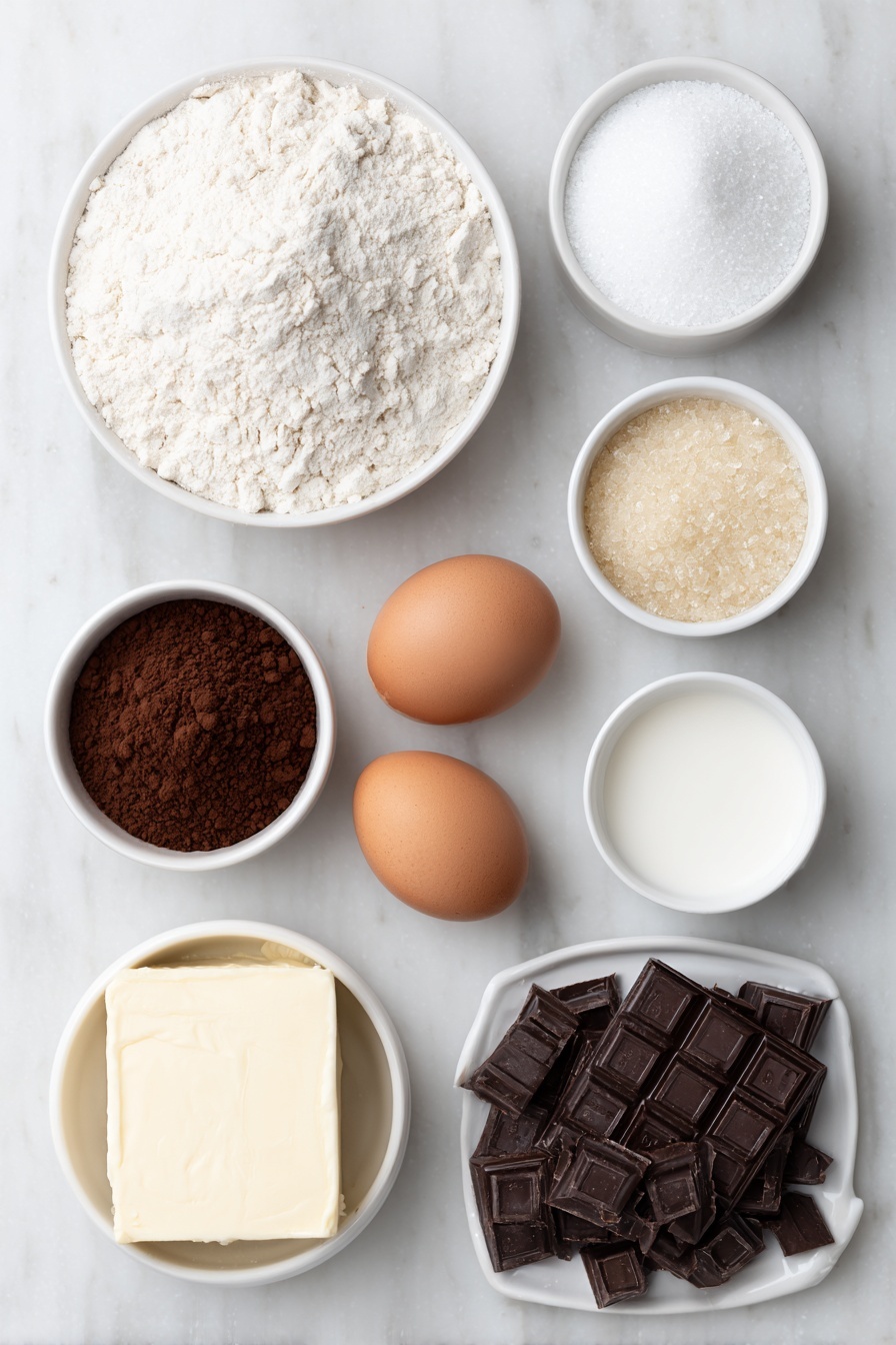 Chewy Chocolate Brookies, Chocolate Brownie Cookies, Fudgy Chocolate Treats, Easy Brookies Recipe, Chocolate Dessert Ideas - Flat lay of a small pile of plain all-purpose flour in a simple white ceramic bowl, a small white bowl filled with dark brown cocoa powder, a neat mound of fine sea salt grains on the side, two whole uncracked brown eggs with smooth shells, a small white ceramic bowl containing golden Demerara sugar with large crystals, a small white bowl holding fine granulated white sugar, a chunk of salted butter next to a pile of chopped dark chocolate pieces, another small white bowl filled with glossy dark and milk chocolate chips, and a splash of clear vanilla extract in a small white bowl, all arranged with perfect symmetry and realistic proportions, placed on a clean white marble surface, soft natural light, photo taken with an iPhone, professional food photography style, fresh ingredients, white ceramic bowls, no bottles, no duplicates, no utensils, no packaging --ar 2:3 --v 7 --p m7354615311229779997