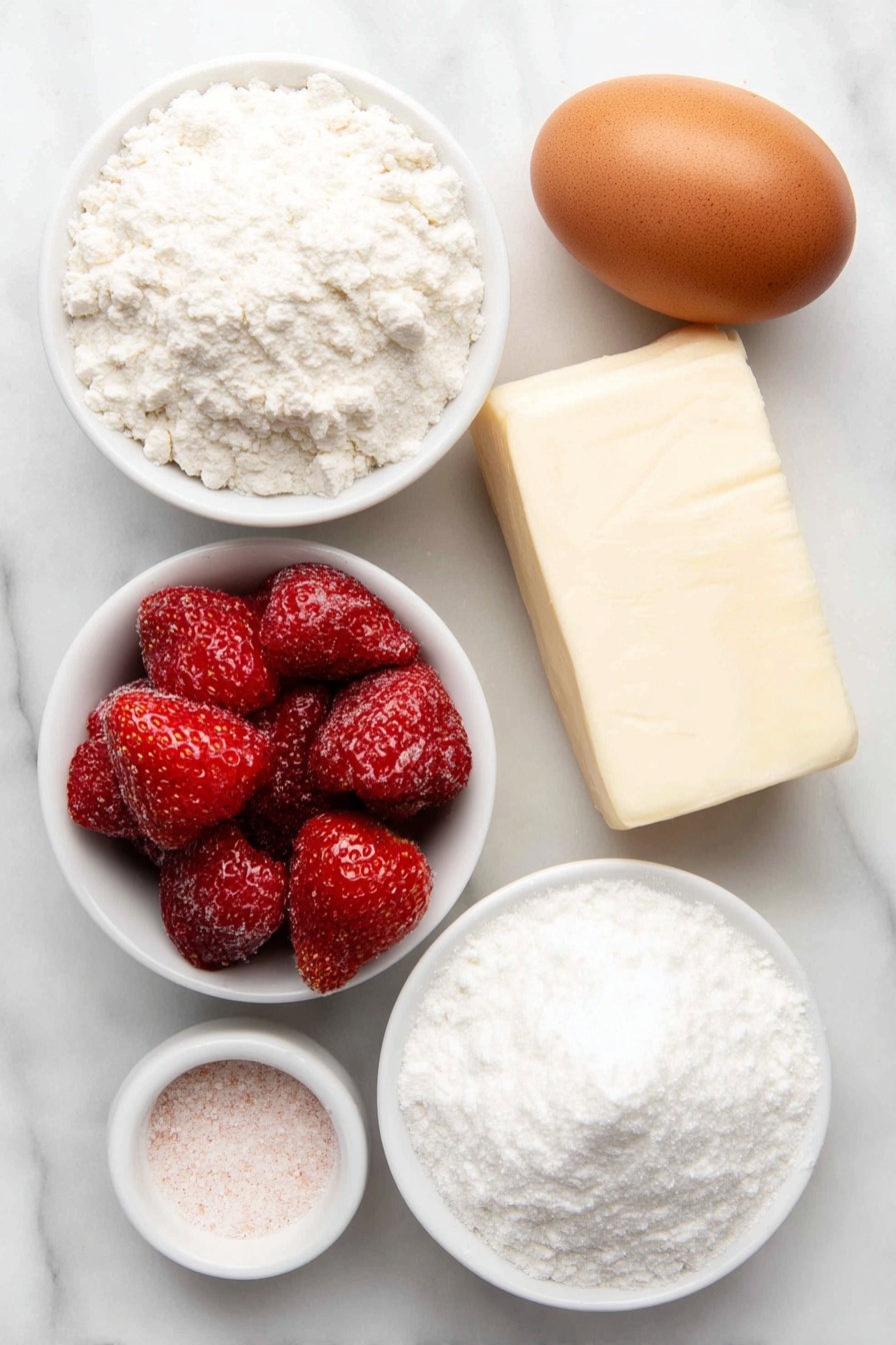 Strawberry Cookies with Freeze-Dried Strawberries, strawberry cookies recipe, freeze-dried strawberries baking, easy strawberry cookie recipe, fruity cookie ideas - Flat lay of a small heap of bright red freeze-dried strawberries, a thick slab of pale yellow unsalted butter, a small mound of white granulated sugar, a single large brown egg with a clean uncracked shell, a neat pile of white all-purpose flour, a tiny white ceramic bowl of fine pink strawberry powder, a tiny white ceramic bowl of fine white granulated sugar, a small pinch of salt crystals, a small pinch of baking soda, all arranged symmetrically on a clean white marble surface, soft natural light, photo taken with an iPhone, professional food photography style, fresh ingredients, white ceramic bowls, no bottles, no duplicates, no utensils, no packaging --ar 2:3 --v 7 --p m7354615311229779997