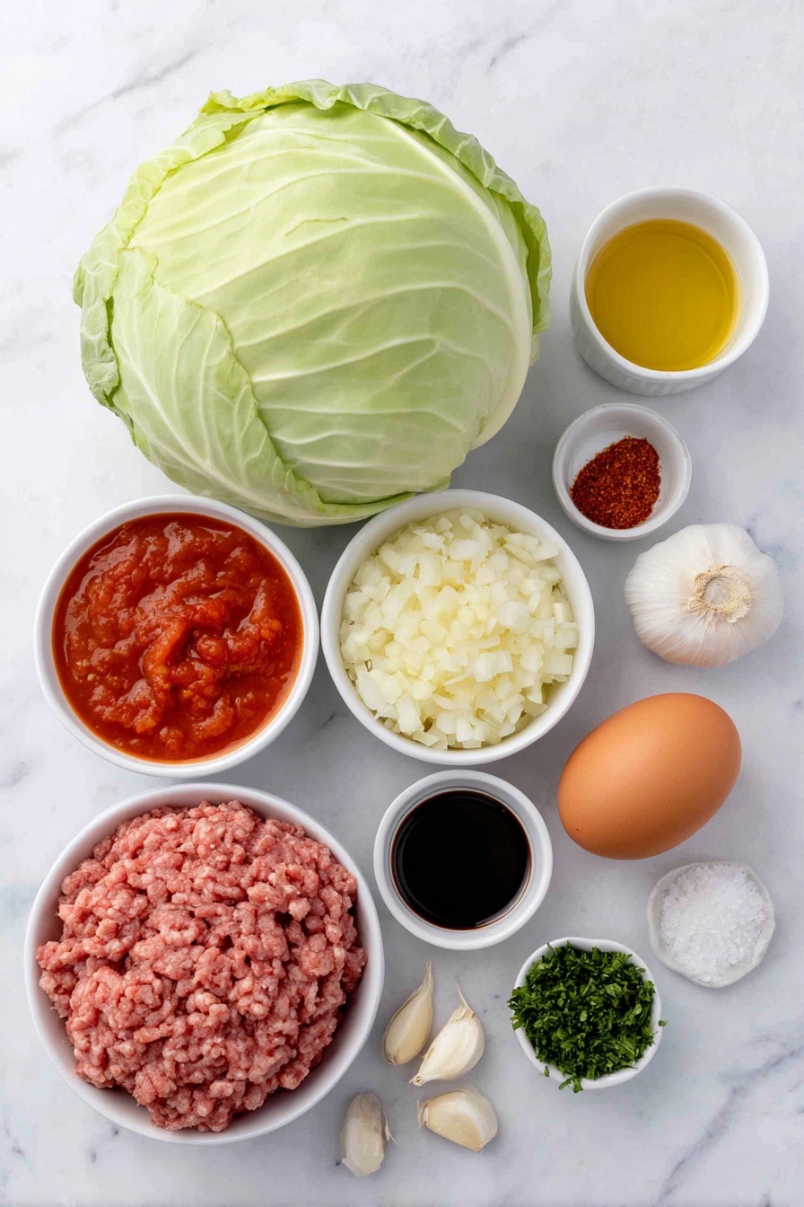 Best Traditional Stuffed Cabbage Rolls, stuffed cabbage rolls recipe, classic cabbage rolls, homemade cabbage rolls, savory stuffed cabbage - Flat lay of a large head of fresh green cabbage with a few loose leaves separated, a small white bowl of golden olive oil, a small white bowl filled with finely diced yellow onion, two whole garlic cloves peeled, a simple white ceramic bowl holding bright red smooth tomato sauce, another white bowl containing crushed ripe tomatoes, a small white bowl with dark Worcestershire sauce, a small white bowl of white granulated sugar, a small white bowl of fine salt, a small white bowl of ground black pepper, a mound of raw 85/15 ground beef, a small white bowl of cooked fluffy white rice, a whole uncracked large brown egg, a small white bowl filled with finely chopped fresh green parsley, a small white bowl containing deep red paprika powder, a small white bowl with bright red cayenne pepper powder, all arranged with perfect symmetry on a clean white marble surface, soft natural light, photo taken with an iPhone, professional food photography style, fresh ingredients, white ceramic bowls, no bottles, no duplicates, no utensils, no packaging --ar 2:3 --v 7 --p m7354615311229779997