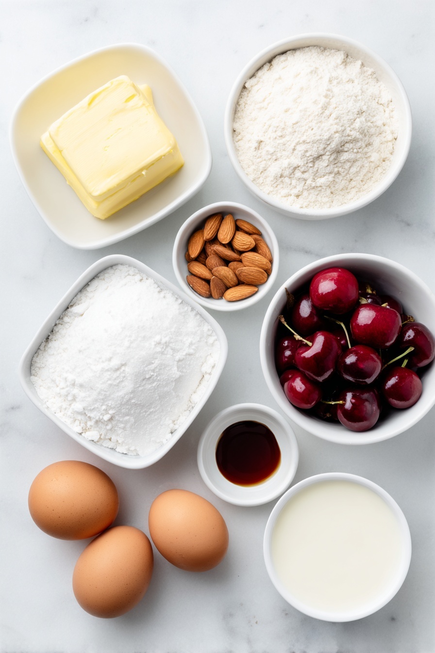 Cherry Pie Bars with Almond Glaze, cherry bar dessert recipes, easy cherry bars, fruit bar desserts, almond glazed cherry bars - Flat lay of a small pile of softened unsalted butter, a white ceramic bowl filled with granulated sugar, four whole uncracked brown eggs, a small white bowl with clear vanilla extract, a few whole almonds next to a tiny white bowl of almond extract, a simple white ceramic bowl filled with all-purpose flour, a small white bowl of coarse salt, a white ceramic bowl overflowing with fresh bright red cherries with stems, a white ceramic bowl filled with powdered sugar, and a small white bowl with creamy milk placed on a clean white marble surface, soft natural light, photo taken with an iPhone, professional food photography style, fresh ingredients, white ceramic bowls, no bottles, no duplicates, no utensils, no packaging --ar 2:3 --v 7 --p m7354615311229779997